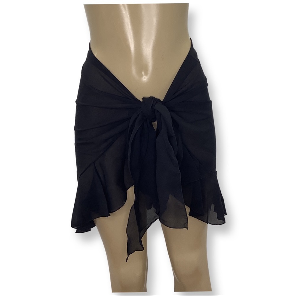 Zuliana Black Ruffle Trim Sarong Made in USA. New With Tags